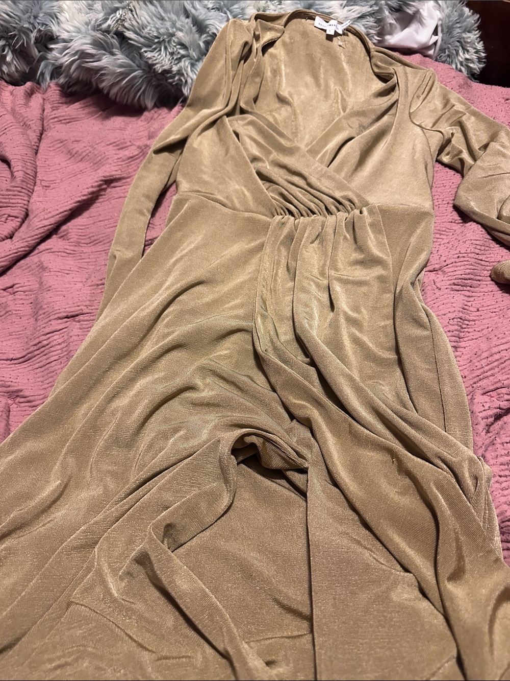 Good American Long Sleeve Wrap Maxi Dress in Tan size 1